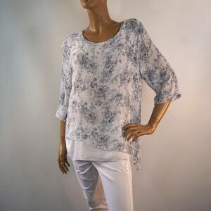 Lazy Daisy ETC Size L /XL Top 3/4 Sleeve Floral Blouse Asymmetrical Lined Tunic